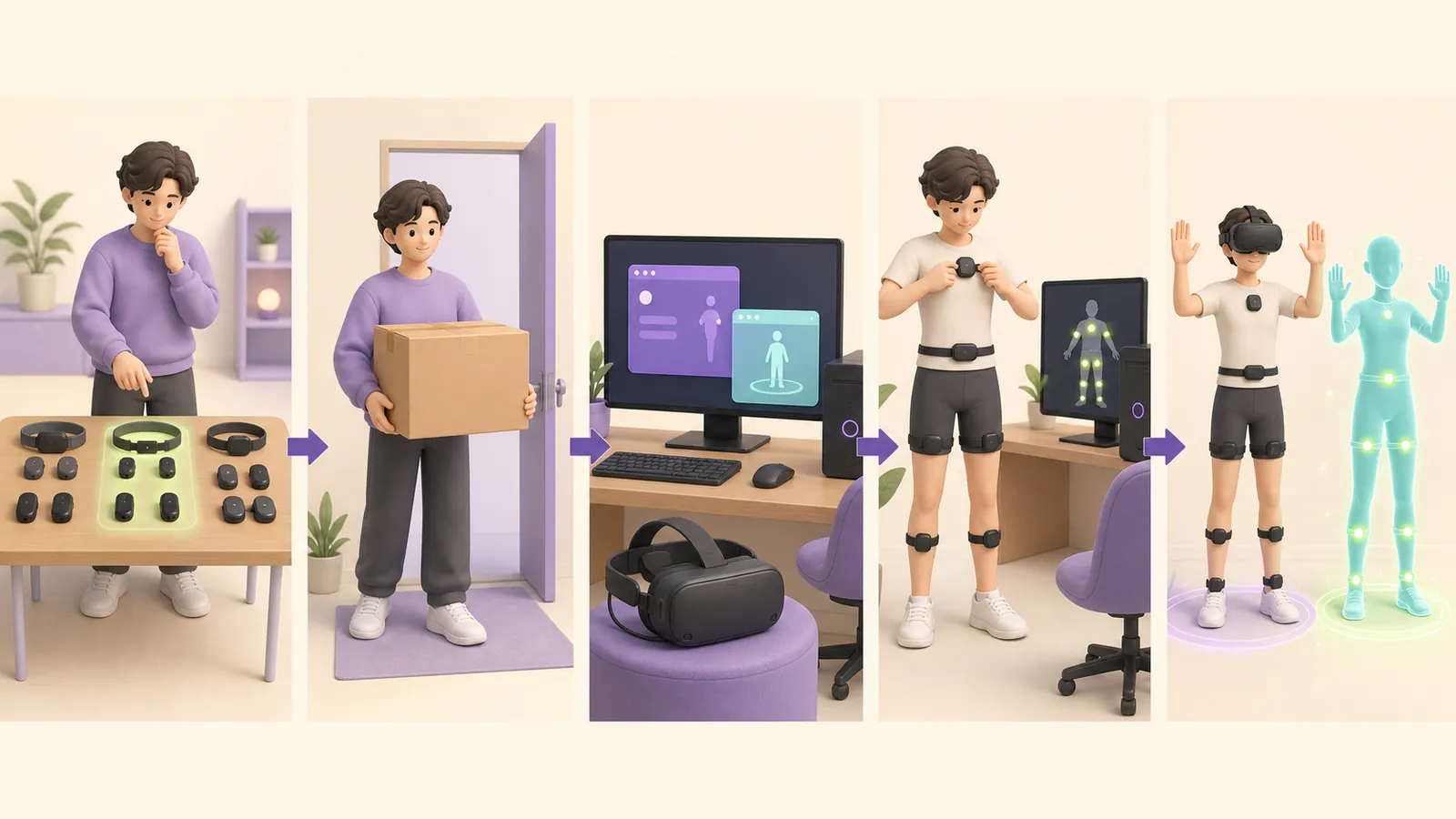 フルトラ機材を選び、購入し、製品ソフトとSteamVRを設定して、身体へ装着し、VRChatで姿勢を合わせる流れ