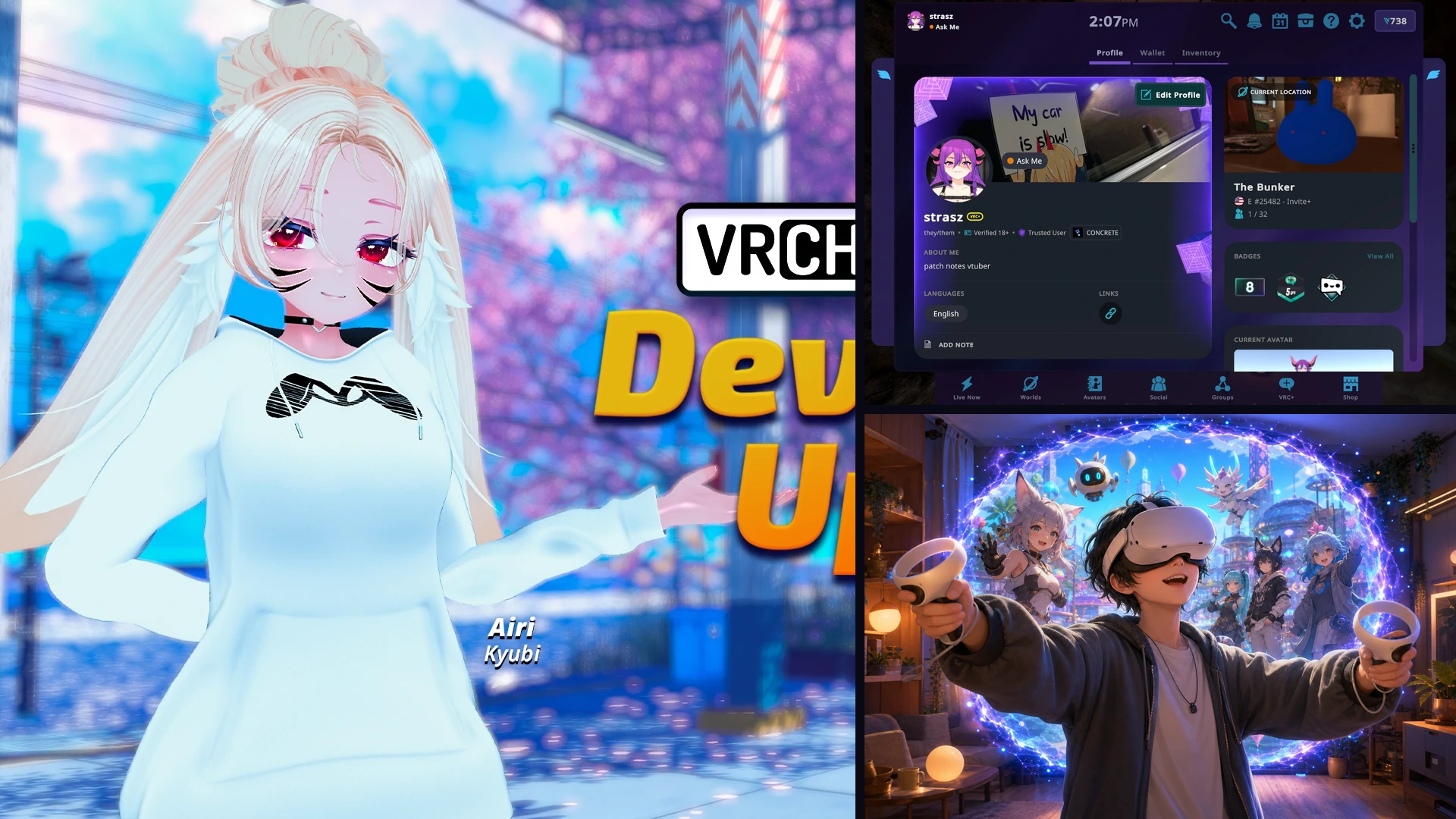 VRChat公式Developer Update画像、プロフィール画面、VR機器の実写を組み合わせた「VRChatニュース＆ガイド」開設ビジュアル
