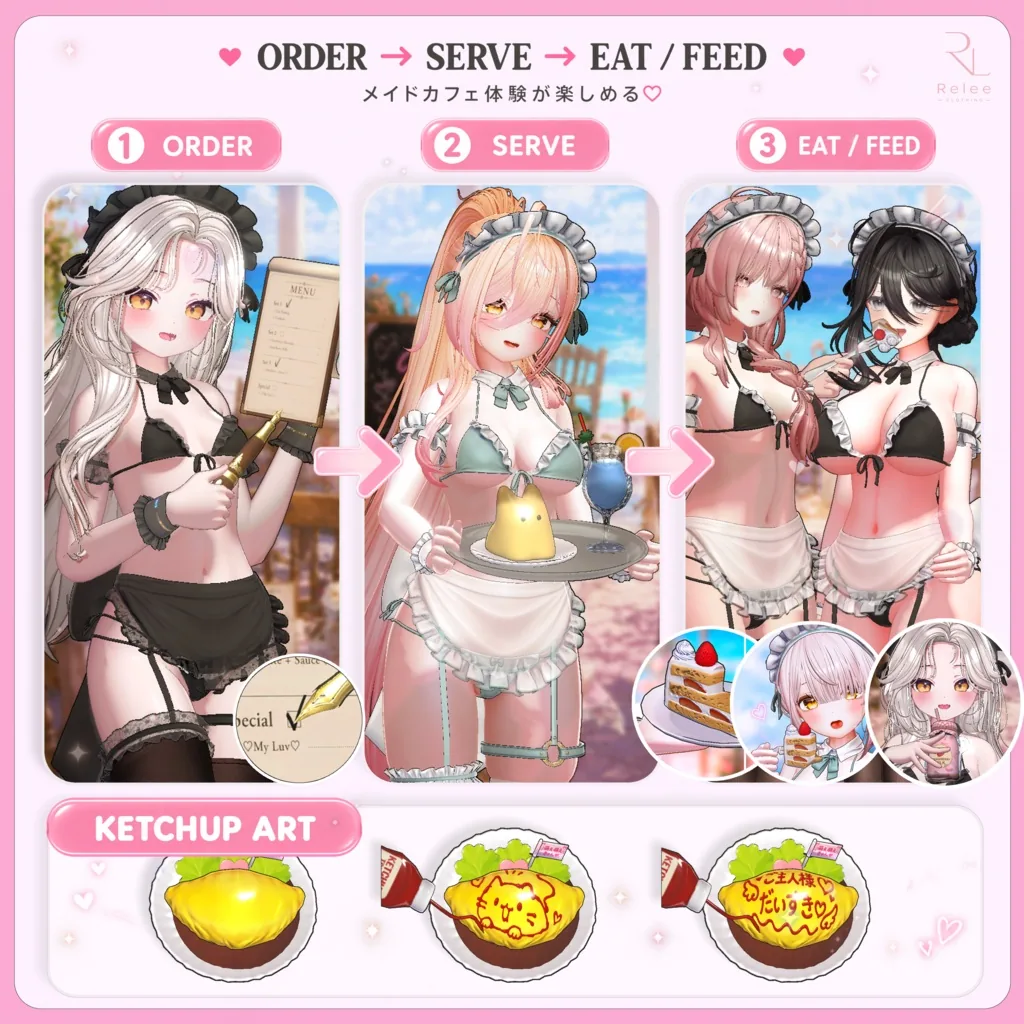 ORDERからSERVE、EAT/FEEDまでの流れを示した図。下段にオムライスのケチャップアートの絵柄が並ぶ