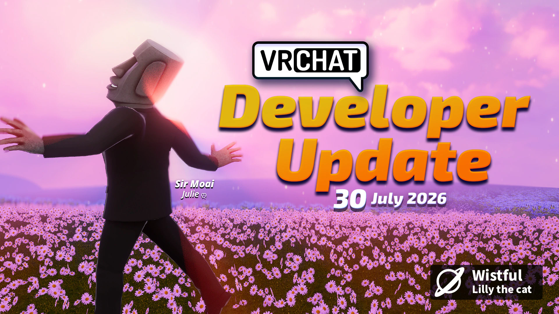 花畑のVRChatワールドと「Developer Update 30 July 2026」の文字が入ったVRChat公式画像