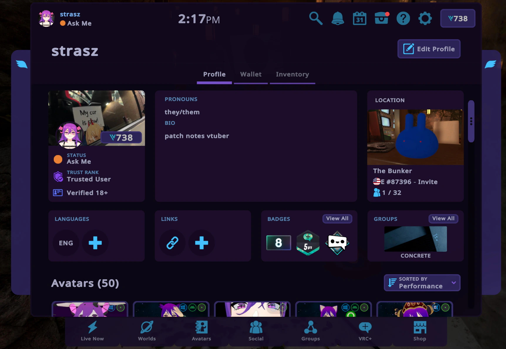 VRChat 2026.3.1変更前のユーザープロフィール画面