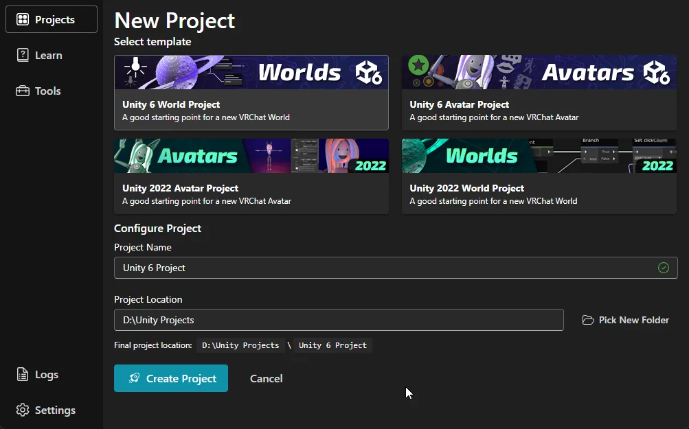 VRChat Creator Companionの新規プロジェクト画面。Unity 6 World ProjectとUnity 6 Avatar Projectのテンプレートが上段に並ぶ