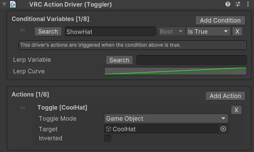 VRC Action Driver（Toggler）のインスペクタ。条件にShowHat、動作にCoolHatが設定されている