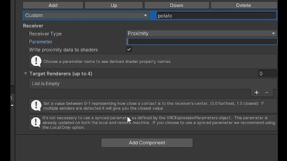 Material Contactsの受信側インスペクタ。Write proximity data to shadersのチェックと、MeshRendererを指定する欄が並ぶ