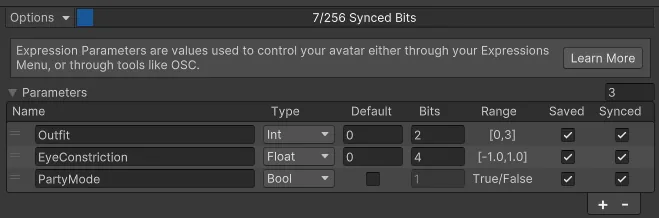 Expression Parametersの一覧画面。BitsとRangeの列が増え、上部に7/256 Synced Bitsと表示されている