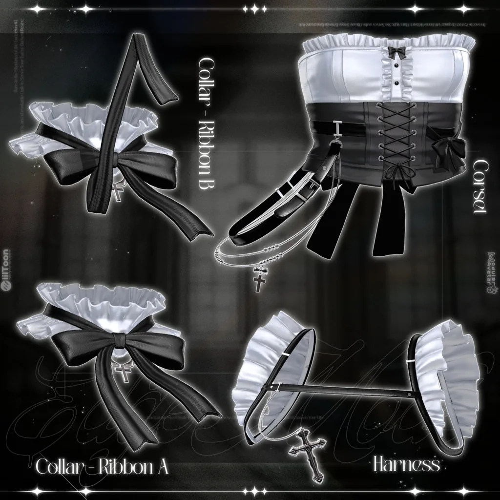 Collar - Ribbon A、Collar - Ribbon B、白と黒の編み上げのCorset、十字架のチャームが下がったHarnessが並ぶ内訳図