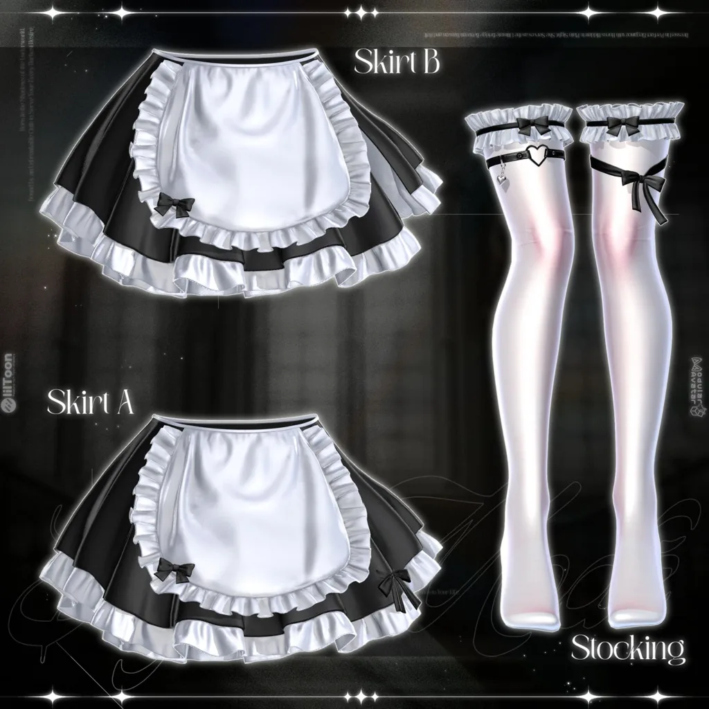 裾のボリュームが違うSkirt AとSkirt B、ガーター付きの白いStockingが並ぶ内訳図