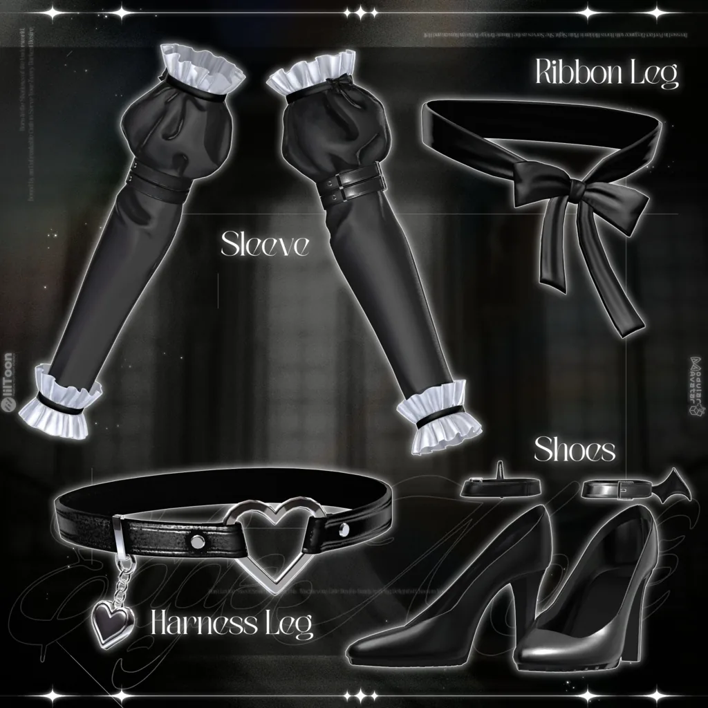 黒いパフスリーブのSleeve、Ribbon Leg、ハートのチャームが下がるHarness Leg、黒いヒールのShoesが並ぶ内訳図