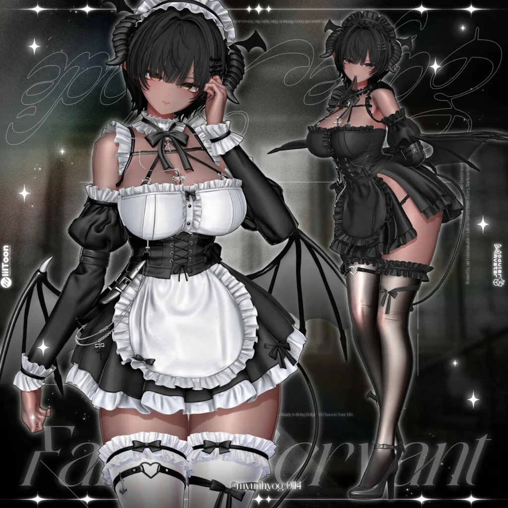 黒髪ボブのアバターが白いエプロンと黒いコルセット、黒いロンググローブを合わせた着用例と、黒でまとめたもう1体の着用例