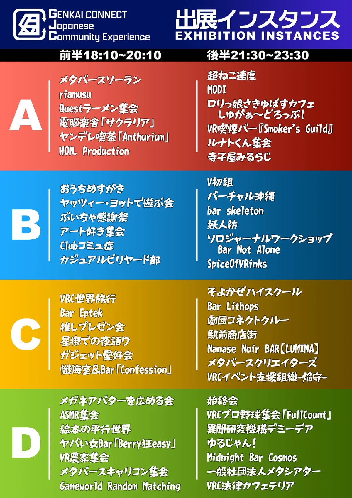 出展インスタンスの一覧画像。左にA〜Dの4部屋、右に前半と後半の2つの時間帯が並ぶ