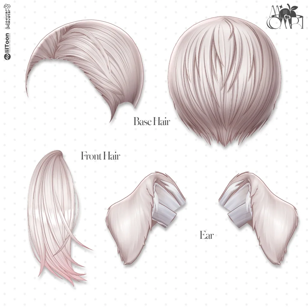 Base Hair、Front Hair、両サイドに垂れる犬の耳のEarが並ぶパーツ内訳図