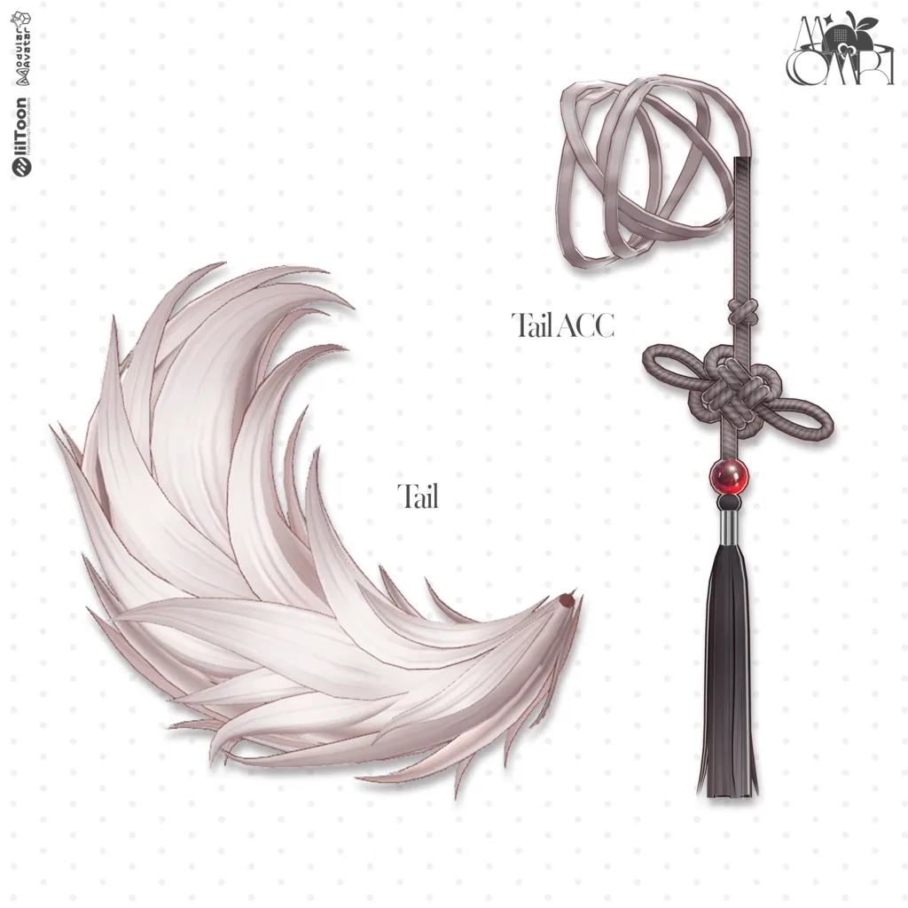ふさふさのTailと、房の付いた組紐に赤い玉を通したTail ACCが並ぶパーツ内訳図