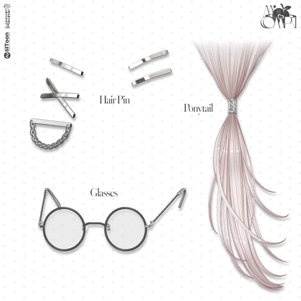 銀色のバーとチェーンが付いたHair Pin、束ねたPonytail、丸いGlassesが並ぶパーツ内訳図