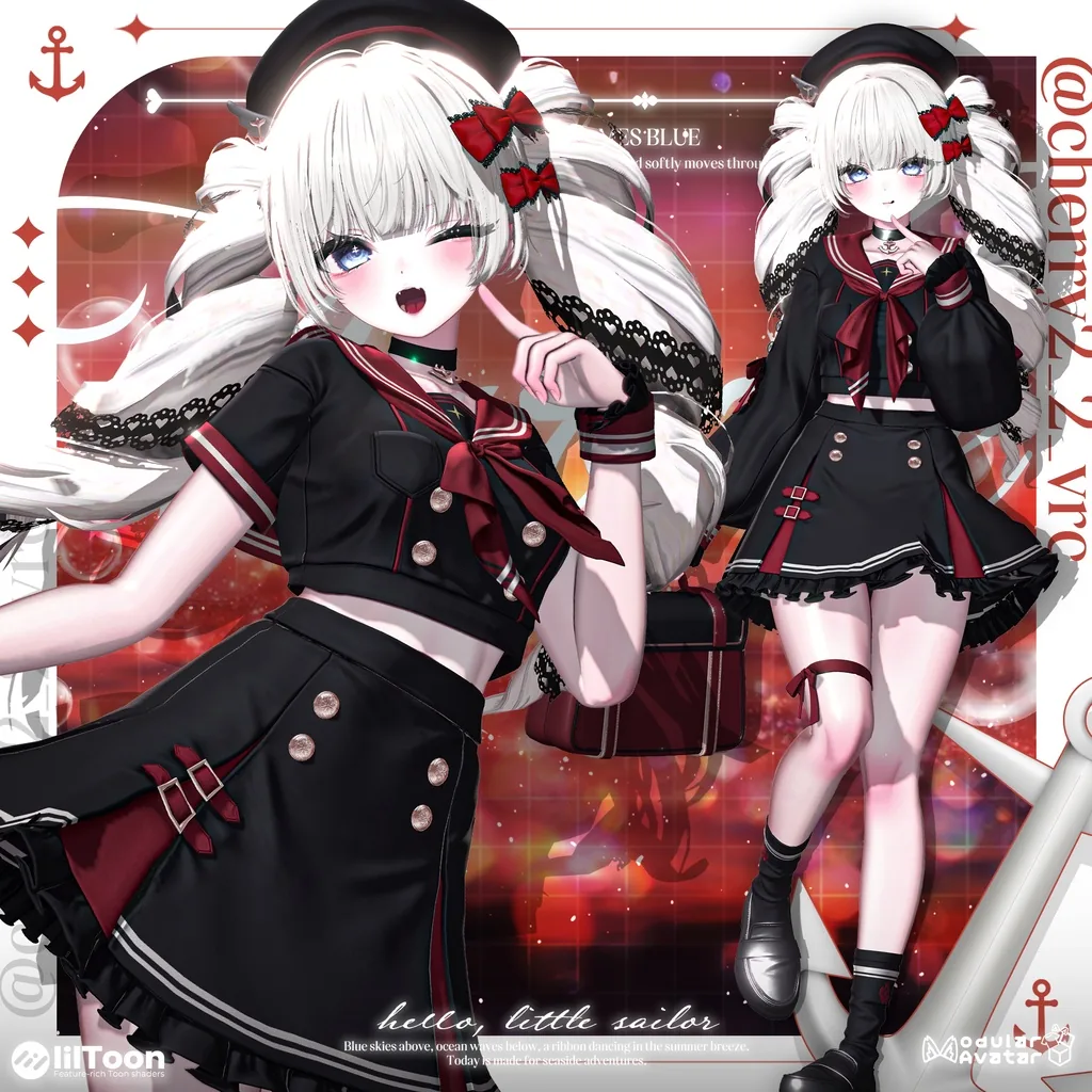 黒と濃赤のセーラー服（クロップトップ・プリーツスカート）に黒ベレー帽と赤いリボン飾りの白髪ロングツインテールアバター2ポーズ。片脚を上げ太もものリボン紐が見える。背景は赤いグラデーションと水泡模様。