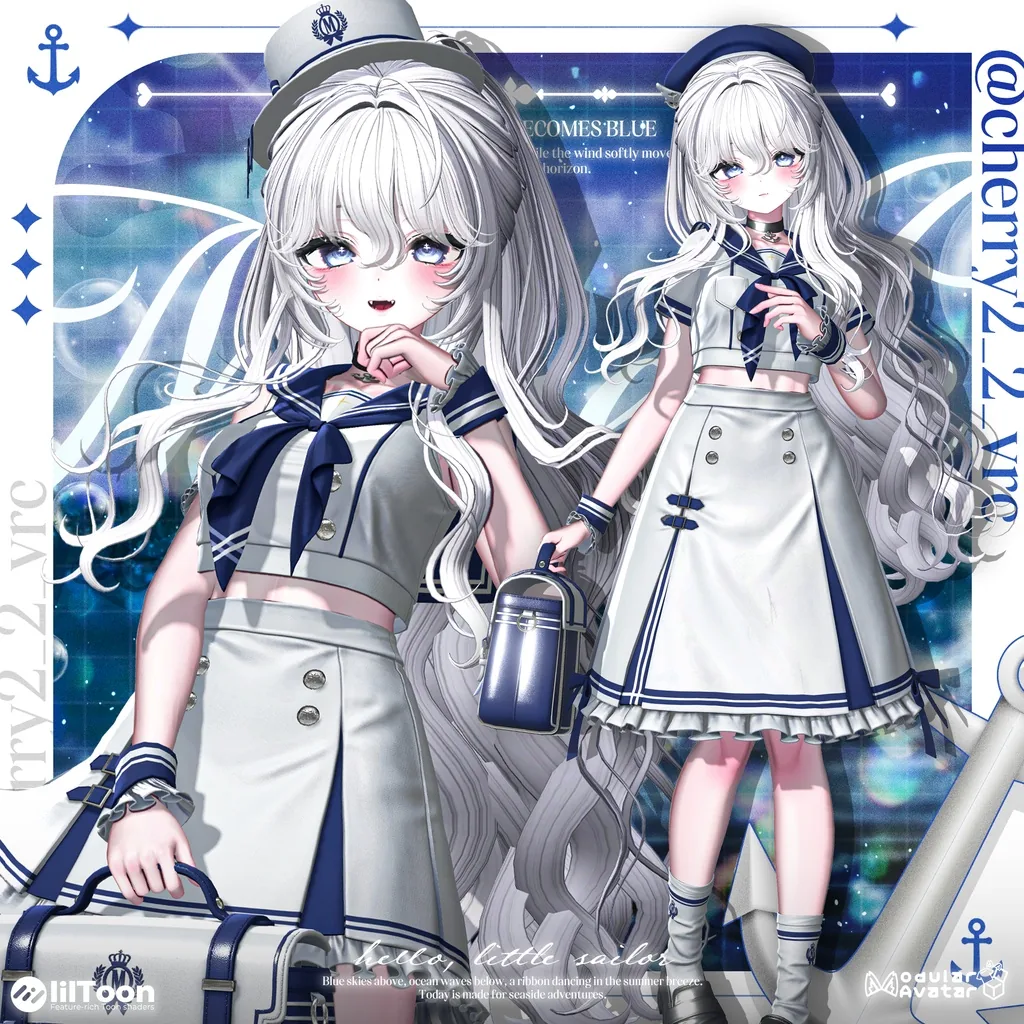 白と紺のセーラー服に白い帽子の白髪ロングヘアアバター2ポーズ。片手にバッグを提げ、もう一方は頬に手を添える。背景は青いグラデーションと水泡・グリッド模様。