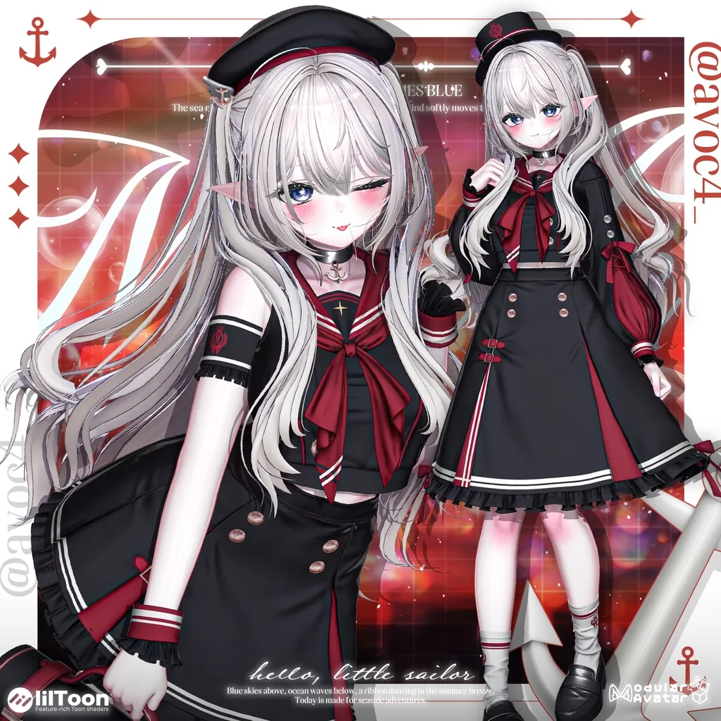黒と濃赤のセーラー服に黒帽子・とがった耳を持つ白髪ロングヘアアバター2ポーズ。片方は目を閉じ微笑み、もう片方は正面立ち姿。背景は赤いグラデーションと水泡模様。