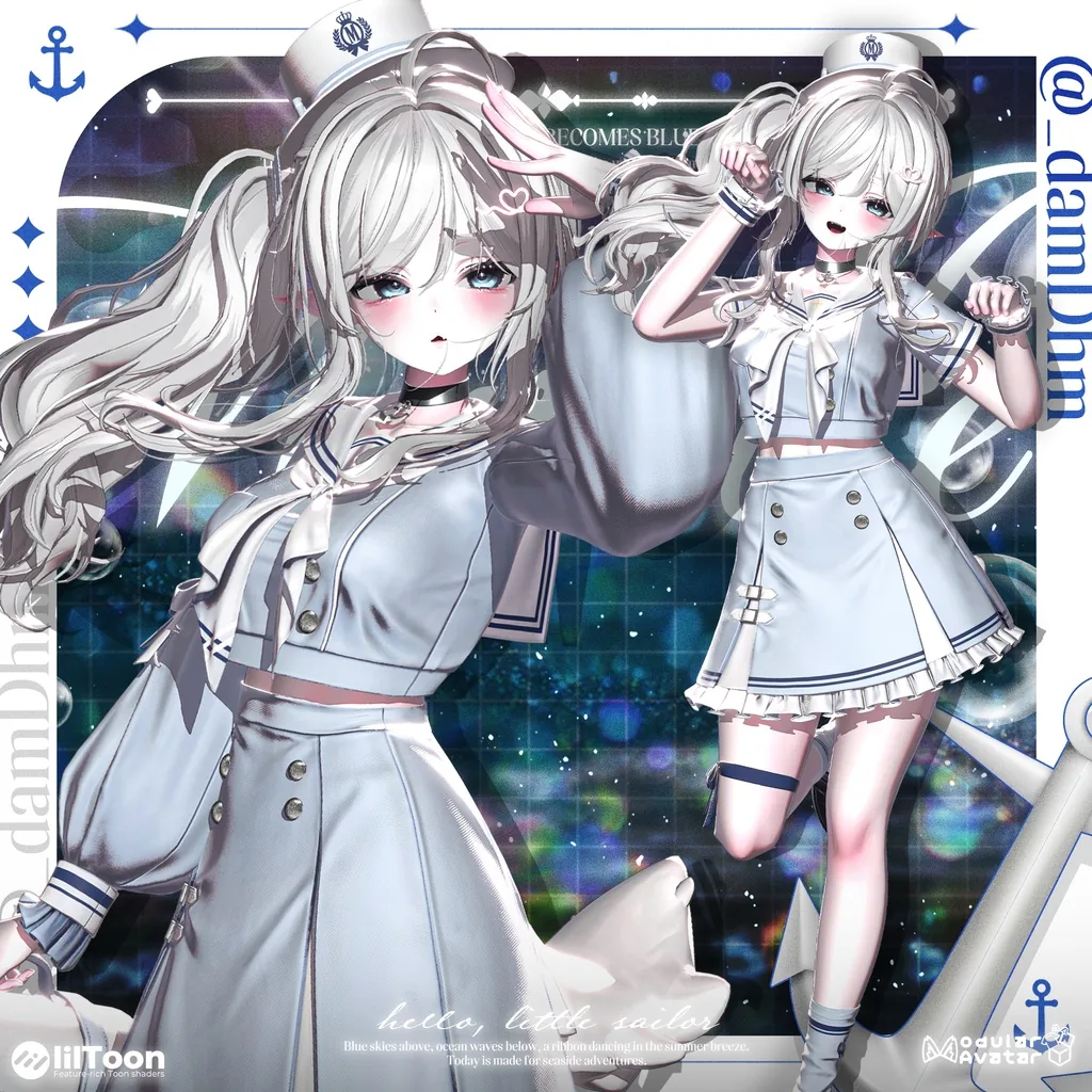 白と紺のセーラー服に白い帽子の白髪ツインテールアバター2ポーズ。片方は帽子を押さえる仕草、もう片方は片脚を上げて跳ねるポーズ。背景は青緑のグラデーションと水泡模様。
