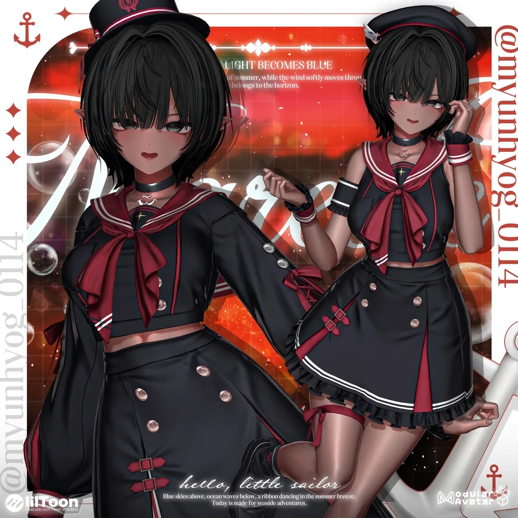 黒と濃赤のセーラー服に黒帽子・黒髪ボブでとがった耳と褐色肌のアバター2ポーズ。片方は電話をかけるような仕草で顔に手を添える。背景は赤いグラデーションと水泡模様。