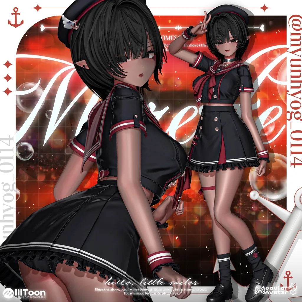 黒と濃赤のセーラー服・黒髪ボブでとがった耳と褐色肌の同アバター2ポーズ。手前は背中側からのアングルでスカートがめくれ太もも・臀部側面が大きく見える構図、奥は横向き立ち姿でピースサイン。背景は赤いグラデーション。