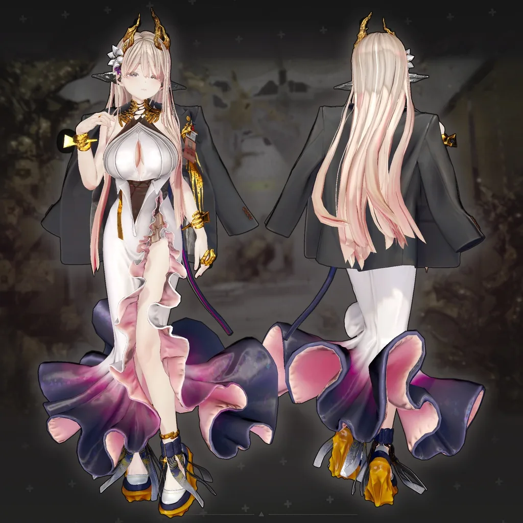 白いロングドレスに黒いジャケットを肩から掛けた全身を、正面と背面で並べたカット。裾は紫からピンクへ流れる大きなフリル
