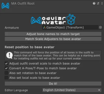 Modular Avatar Outfit RootのInspector