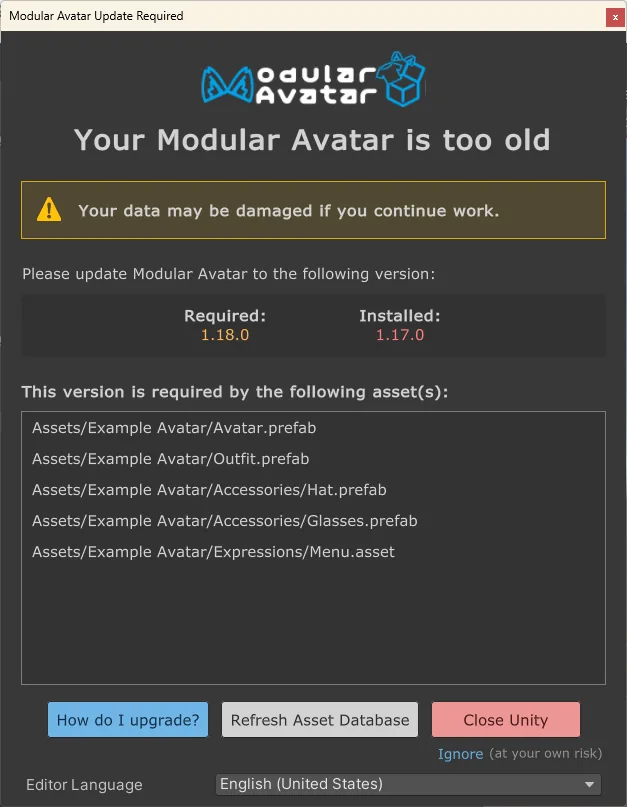 Modular Avatarのversion不足警告画面