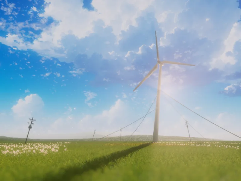 草原の上に入道雲が立ち上がり、遠くに風力発電の風車が見える開けた風景