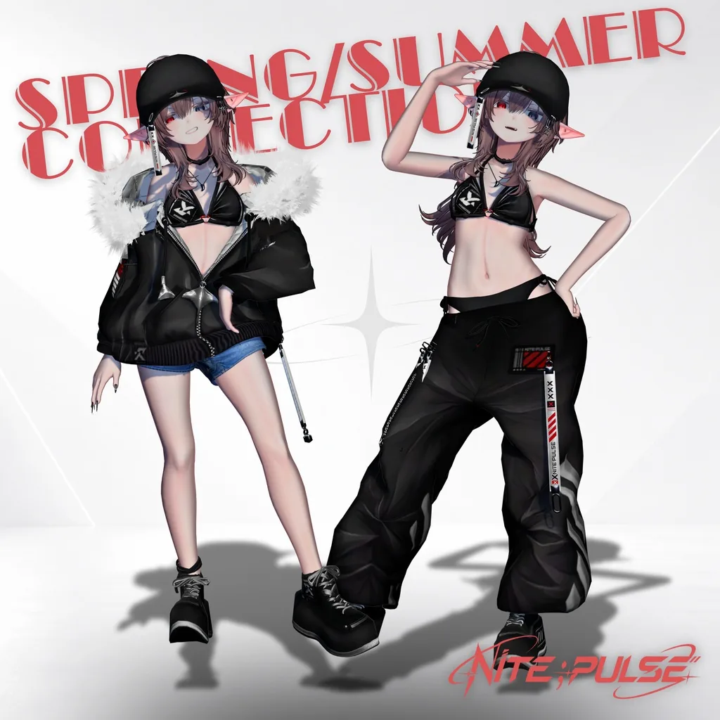 SPRING/SUMMER COLLECTIONの公式画像。黒い上着の前を開け、下はホットパンツを合わせた組み合わせ