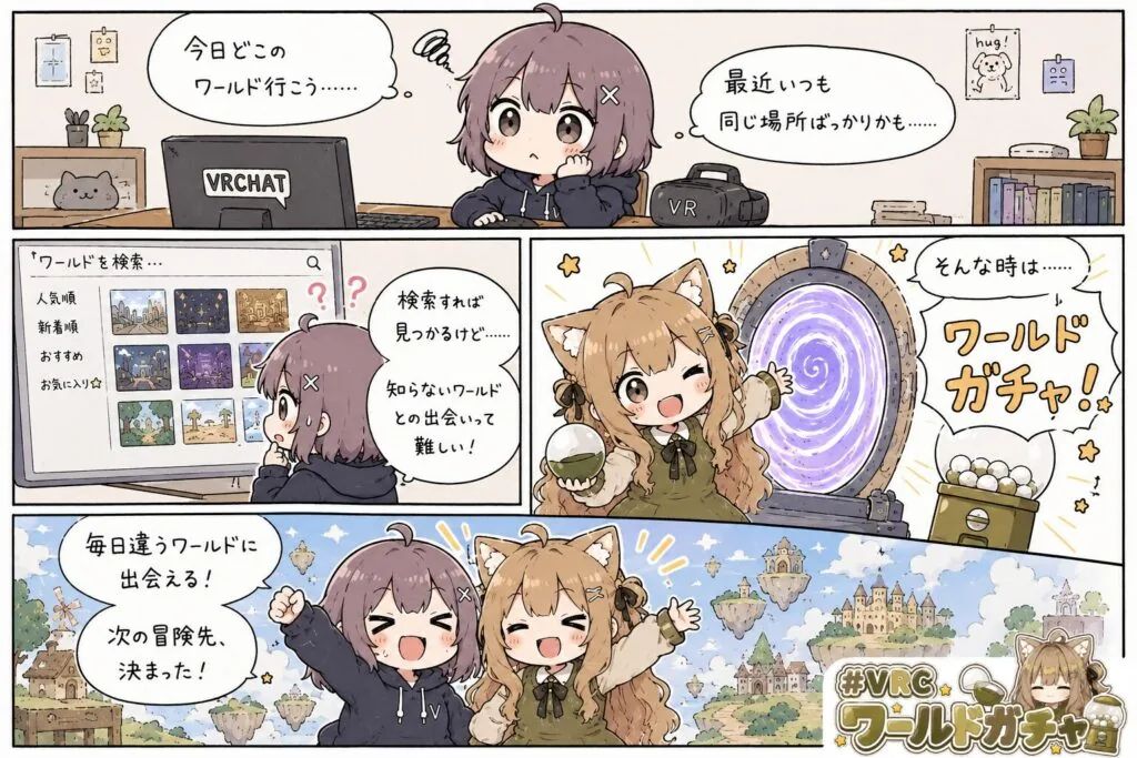 VRCワールドガチャの使い方を描いた公式漫画