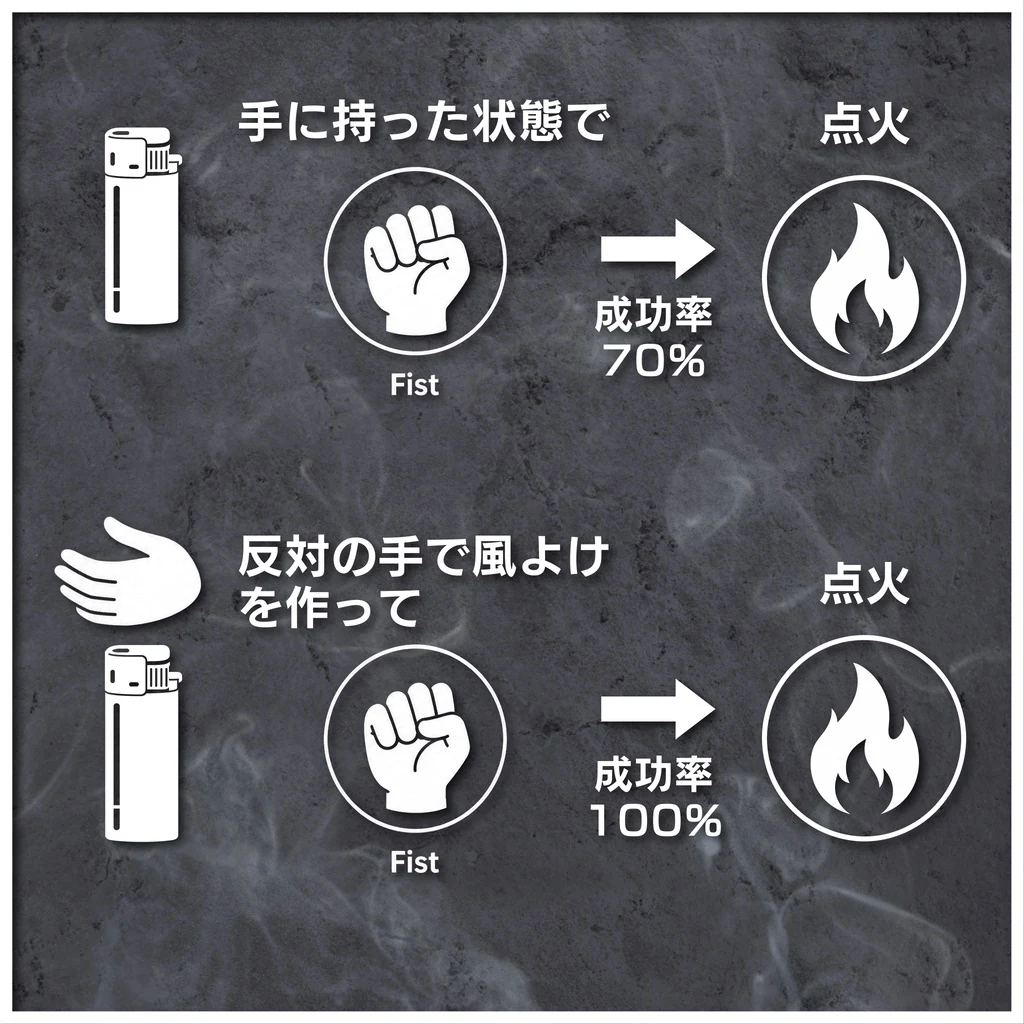 ライターを片手で握ると70%、反対の手で風よけを作ると100%と示された点火の成功率